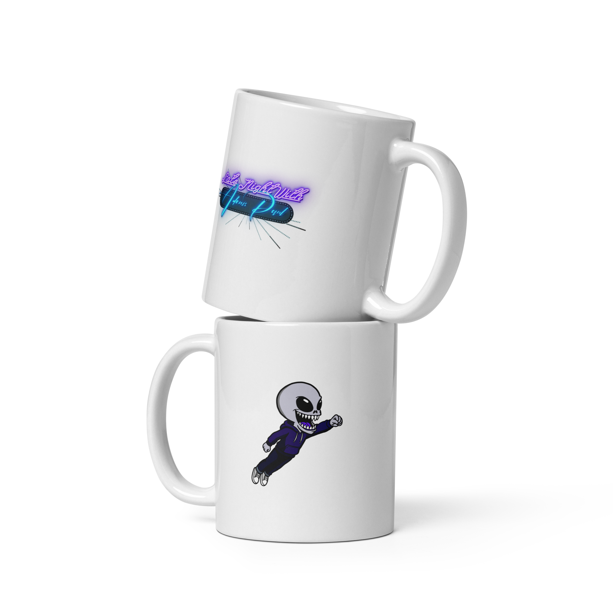 Late Night with Adonis Paul White glossy Mug - Monster Meep Jump