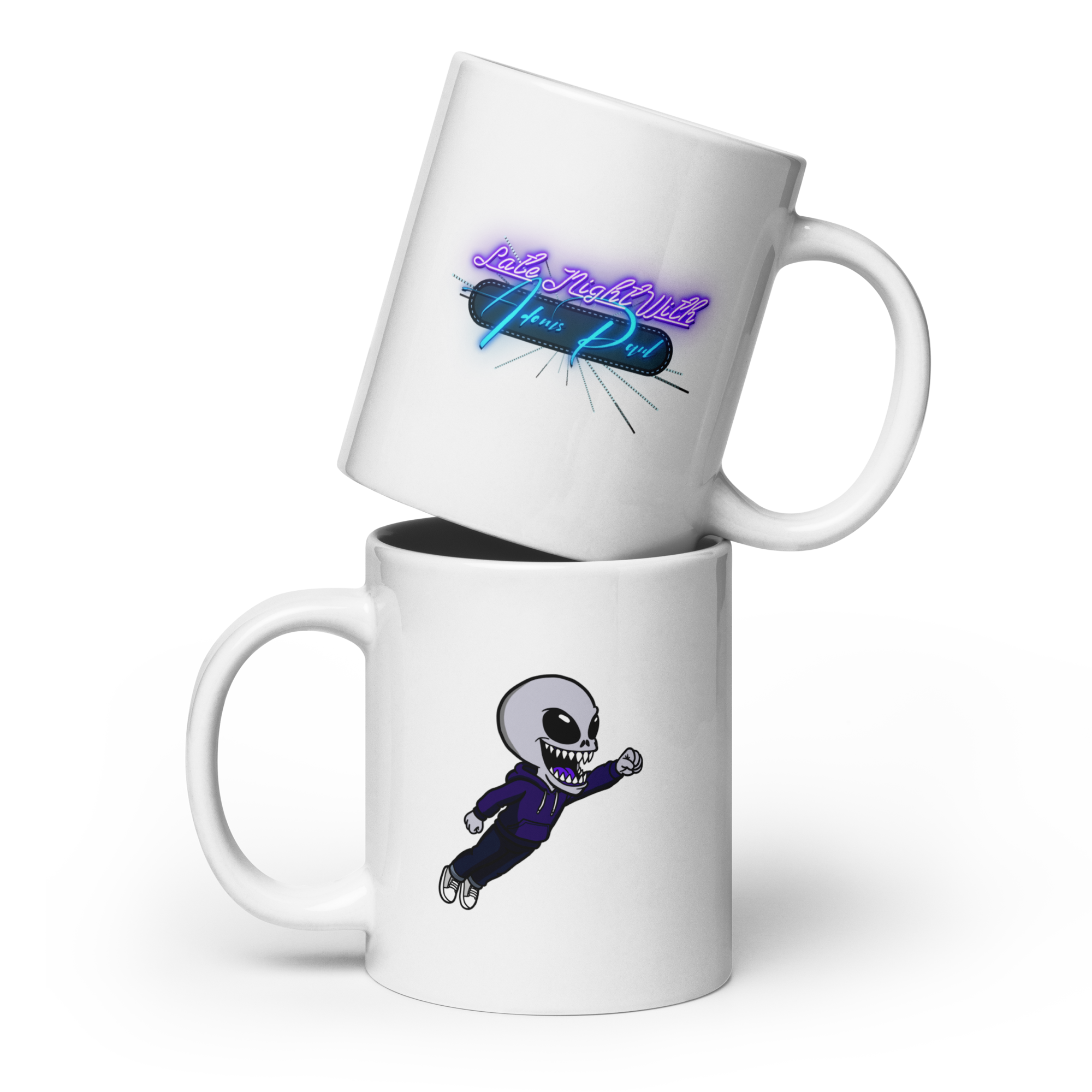 Late Night with Adonis Paul White glossy Mug - Monster Meep Jump